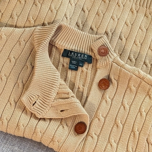 Lauren Ralph Lauren 100% Cotton Cable Knit Sweater Off Center Buttons Camel P/L - Picture 6 of 10